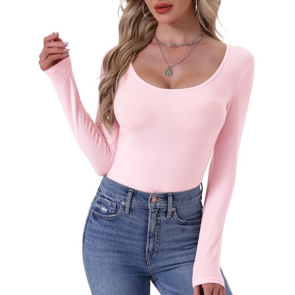 Women's Scoop Neck Long Sleeve Slim Fit Thermal Shirt Pink